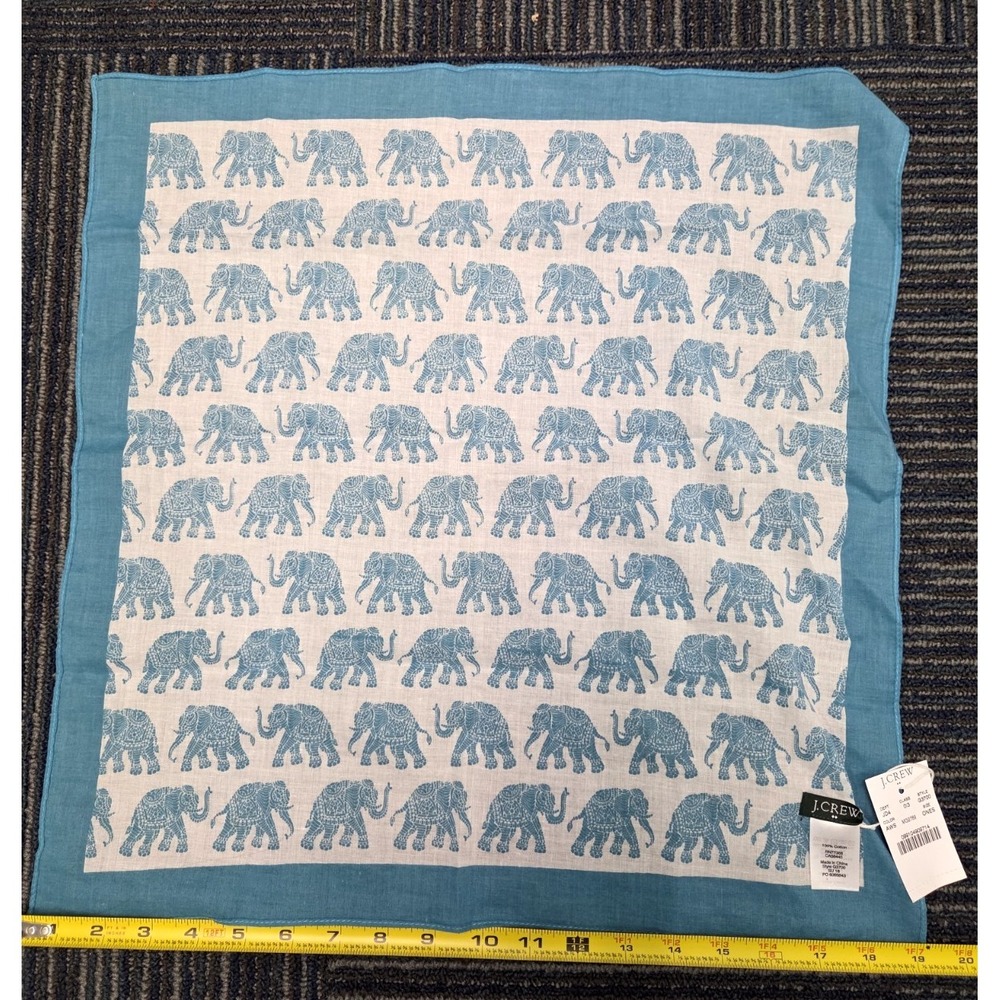J Crew 100% Cotton ELEPHANT Print Turquoise/White Bandana Scarf NWT Rare